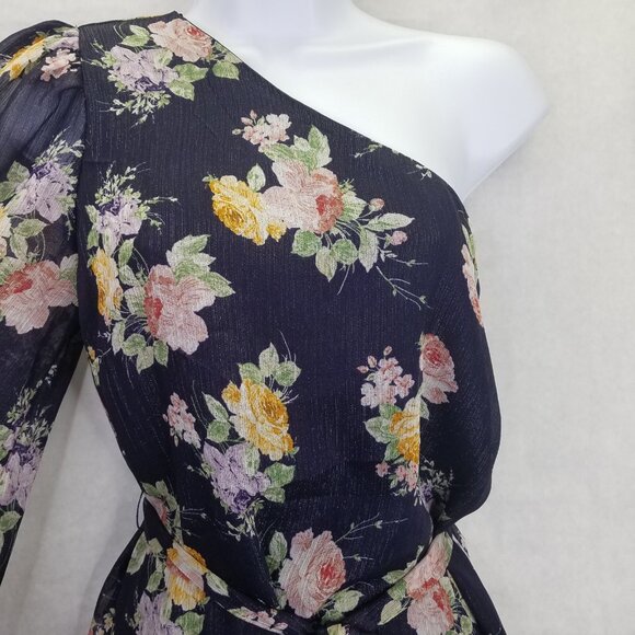 GIBSON LOOK Blouse Women XS One Shoulder Tie Waist Black Floral Side Zip Top NEW - Picture 2 of 16